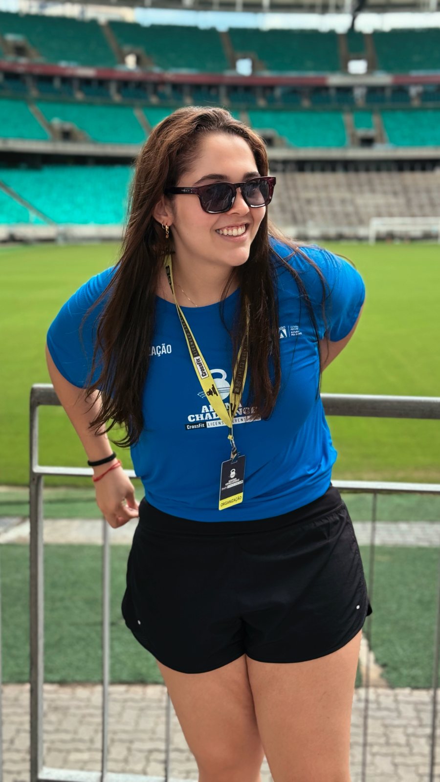 Fernanda at Arena Challenge with her organizer badge